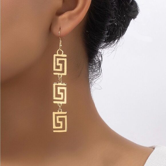 Greek Key Alloy Gold Plated Dangle Drop Earrings - Picture 1 of 9